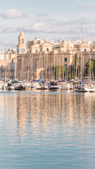Birgu Waterfront in Malta, marina with sailboats in the morning