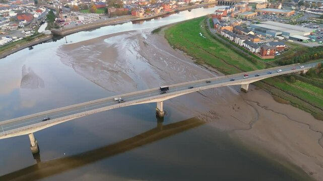 4K Aerial Footage of Taw Bridge and Barnstaple Town Center with Historic Long Bridge in North Devon