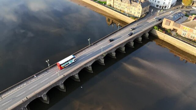 Aerial 4K View of The Barnstaple Historic Long Bridge Over the River Taw in North Devon, England