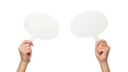Hands holding empty speech bubbles on white transparent background
