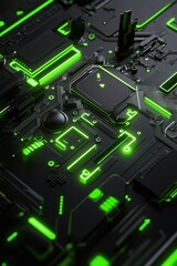 Fototapeta premium Abstract close-up of a futuristic electronic circuit board featuring vibrant neon green lights set against a dark background, representing technology and innovation.