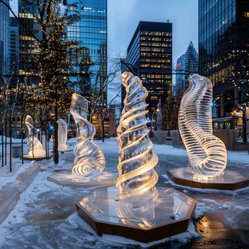 Tilted View of Winter Solstice Ice Sculptures in a Public Square
