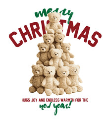 Christmas themed cute teddy bear vector illustration.Christmas Greeting Card with Santa Claus.Happy new year lettering.T-shirt Graphics.New Year Cards.Cute teddy bear graphic design with gift box.