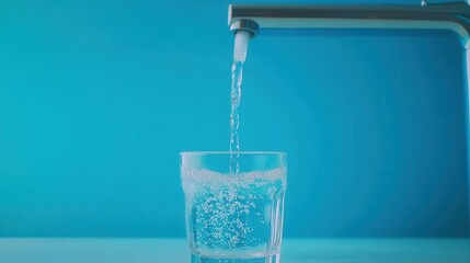 Fresh Water Pouring Into Clear Glass Against Blue Background