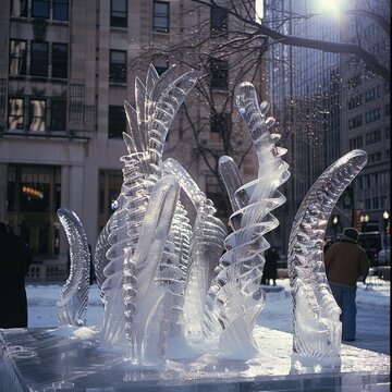 Tilted View of Winter Solstice Ice Sculptures in a Public Square