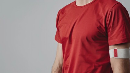 Close up of a person wearing a red shirt with a white armband. AI generative. .