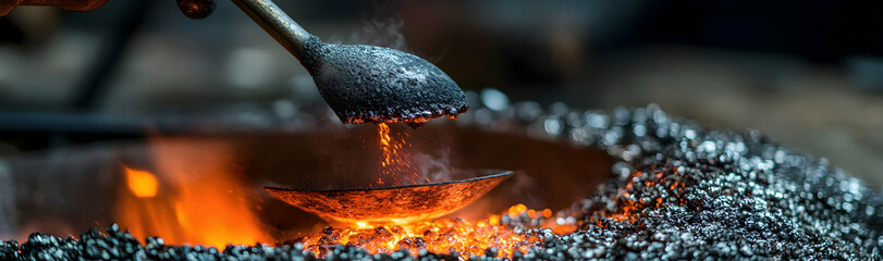 Blast furnace slag and pig iron being tapped, molten metal and slag poured into a ladle  -