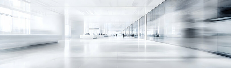 Blurred modern office space with white walls, floor, and rows of computer stations  -