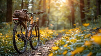 A mountain bike parked on a path through a forest, with yellow wildflowers blooming in the foreground. AI generative. .