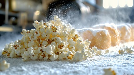 Freshly popped popcorn dusted with seasoning creates an appetizing display in a snack preparation area during daytime