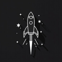 A rocket adorned with stars blasting off into a night sky.