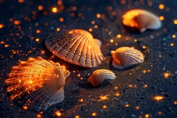 Seashells glowing with warm light on a dark background with glittering sparkles. AI generative. .