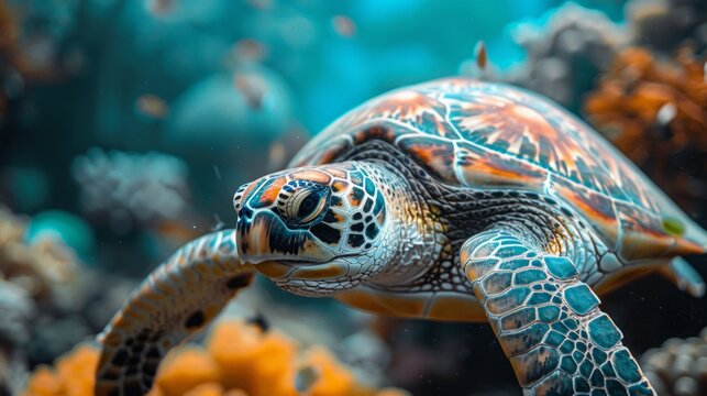 Close-up of a sea turtle swimming in the ocean with vibrant blue, orange, and green tones. AI generative. .