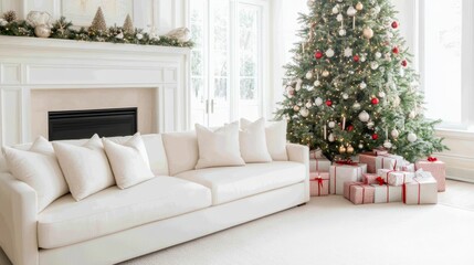 beautiful Christmas interior of living room with couch and christmas tree. ai generated