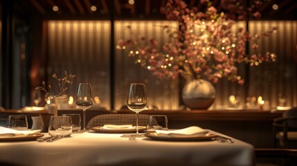 Table setting with two wine glasses, a white napkin and a plate in a dimly lit restaurant. AI generative. .