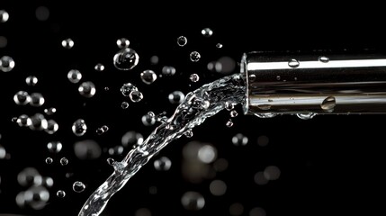 Sparkling Water Flow from Metal Faucet in Dark Setting