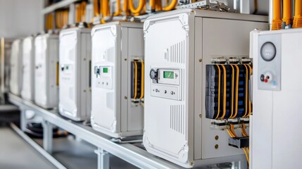 Closeup of lithium-ion battery packs renewable energy facility industrial equipment indoor detailed view energy storage solutions