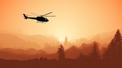 A silhouette of a helicopter flying over a misty forest at sunset.