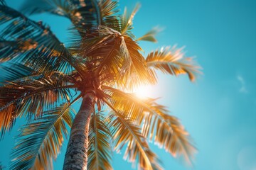 Palm tree against a blue sky with sun shining through the leaves. AI generative. .