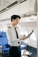 Asian Confident male pilot in uniform leaning at the passenger seat while standing inside of the airplane flight cockpit during takeoff and checking