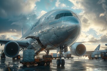 Obraz premium Front view of a large airplane, wet with rain, on the runway. AI generative. .