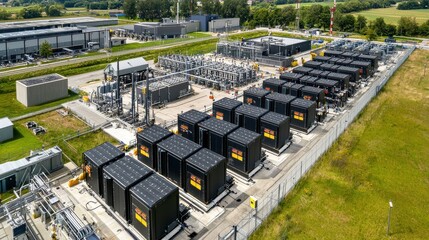 Energy storage revolution massive battery banks industrial site infrastructure development renewable energy aerial perspective sustainable future