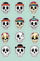 Cute Cartoon Skulls with Hats and Expressions - Day of the Dead Celebration