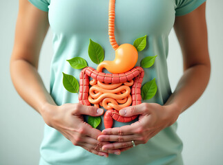 Woman holding stomach with a superimposed illustration of intestines surrounded by green leaves, representing digestive system health