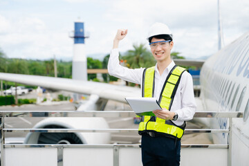 Male aviation engineer in safety gear inspecting an airplane engine, embodying professionalism