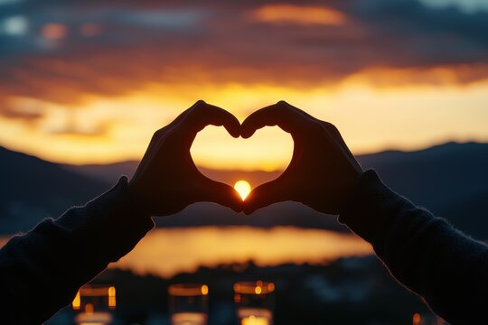 love heart hand movement concept. Hands forming heart shape against a beautiful sunset backdrop.