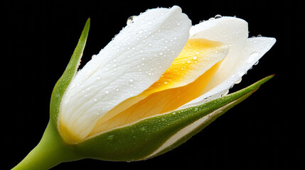 Rose bud beautiful glossy petals with dewdrop dreamy fashion white romantic black background. floral bloom blossom flora wild plants refreshing cosmetic spa salon wallpaper