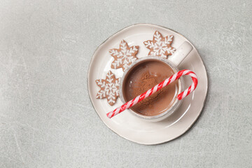 Christmas gingerbread cookies and chocolate milk mug with candy cane stick, concept of winter holidays desserts and decoration	