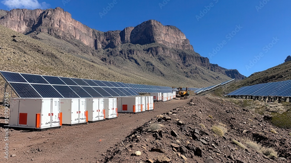 Aufkleber Harnessing solar power rows of solar panels and energy storage containers in mountainous terrain