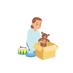 Mother putting kids toys in a cardbox. Mother putting kids toys in a donation box. Mother cleaning up toys vector illustration, graphic, cartoon, vector, clipart.