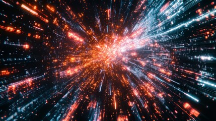 Naklejka premium A vibrant depiction of swirling data flow and energetic explosions, embodying the concept of hyper-speed space travel, on a rich black backdrop