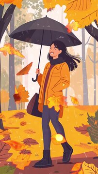 Cheerful Woman Walking in Autumn Forest Holding an Umbrella. Background. Seamless looping motion design. Video animation. Illustration of a happy woman strolling through a vibrant autumn forest,