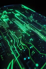 Fototapeta premium Abstract Digital Circuit Board Design Featuring Bright Green Lines and Lights on Black Background, Ideal for Technology and Futuristic Concepts