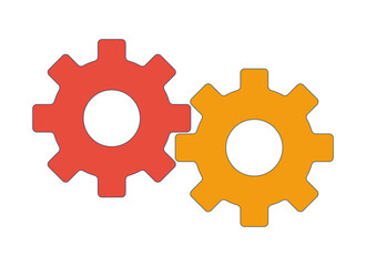 Connected cogwheels 2D cartoon objects. Machine parts. Rotating details of old fashioned transmission mechanism isolated elements flat vector clipart on white background. Spot illustration