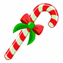 Candy cane with green bow illustration. Illustration of a classic candy cane with red and white stripes, adorned with a bright green bow at the center, giving a festive holiday look. 