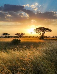 Fototapeta premium Expansive Savannah Stretching Under a Golden Sunset, With Tall Grasses Blowing in the Gentle Wind and Acacia Trees Silhouetted Against the Glowing Horizon
