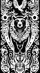 Fototapeta premium Ainu Tribal Pattern with Bear and Crane Motifs in Monochromatic Palette Showcasing Japan s Rich Cultural Heritage