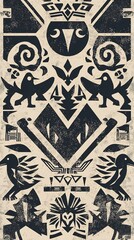 Ainu Tribal Pattern with Bear and Crane Motifs in Monochromatic Palette Showcasing Rich Cultural Heritage