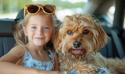 Amidst a car journey, two little girls delight in placing sunglasses on their fluffy Maltipoo as they enjoy a rest stop, capturing a comedic and heartwarming moment