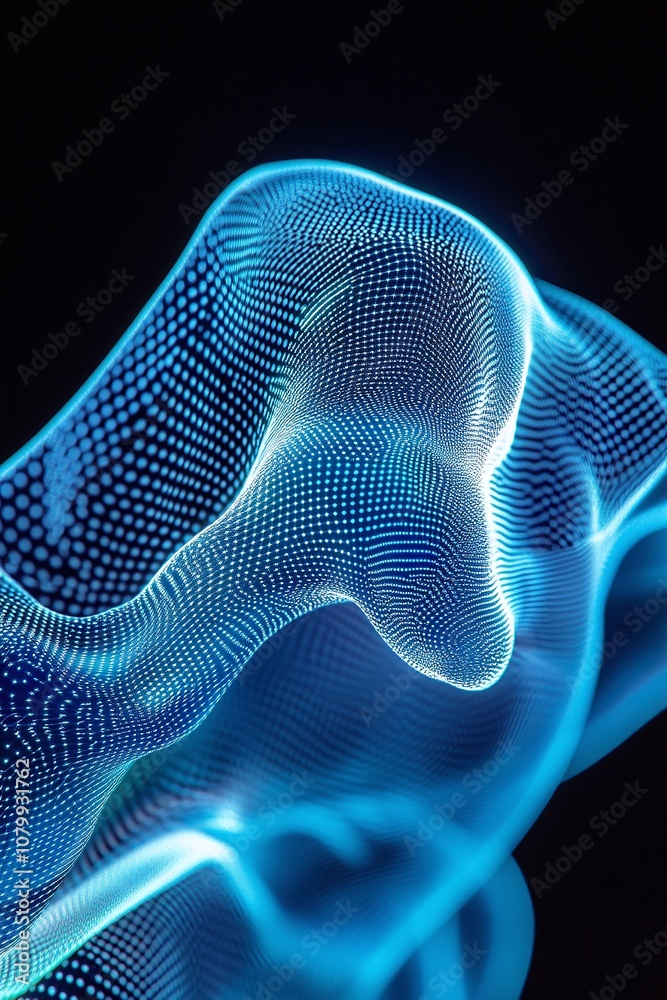 Poster abstract digital wave with blue light patterns and dots creating a futuristic sense of movement and 