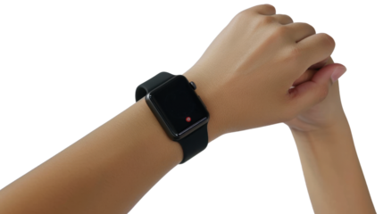 Hand wearing smart watch with screen mockup on white transparent background
