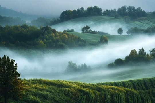 Misty morning landscape with rolling hills and trees. (1)