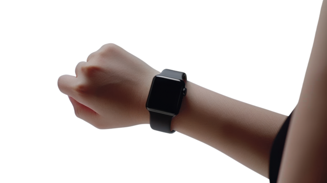 Hand wearing smart watch with screen mockup on white transparent background
