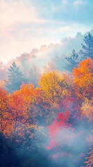 Colorful autumn landscape with vibrant leaves on trees, soft mist in the background, and sunlight filtering through, serene and beautiful nature setting