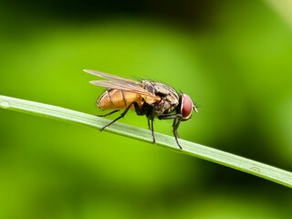 house fly on plant stem with blur background