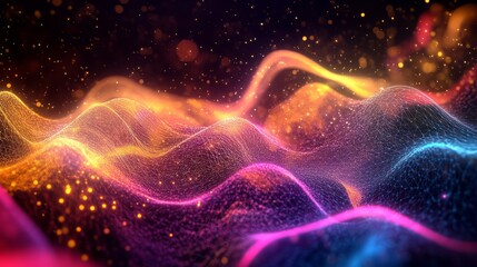 An energetic digital wallpaper with neon-colored particle waves forming abstract shapes and patterns against a black background